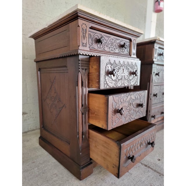 Aesthetic Movement Victorian Era Carved Nightstands / Dressers Late 1800's - A Pair For Sale - Image 13 of 18