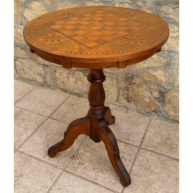 Wood Round Game Table With Marquetry Top, 1940s For Sale - Image 7 of 10