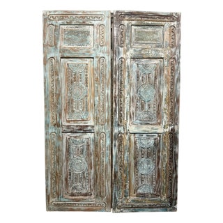Antique Hand-Carved Distressed Blue Floral Door – Vintage Wooden Bedroom Entry Door 96x31.5 For Sale