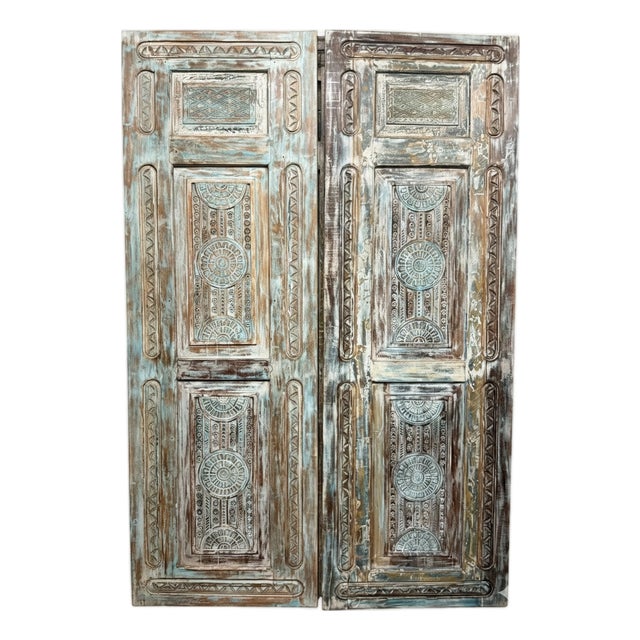 Antique Hand-Carved Distressed Blue Floral Door – Vintage Wooden Bedroom Entry Door 96x31.5 For Sale
