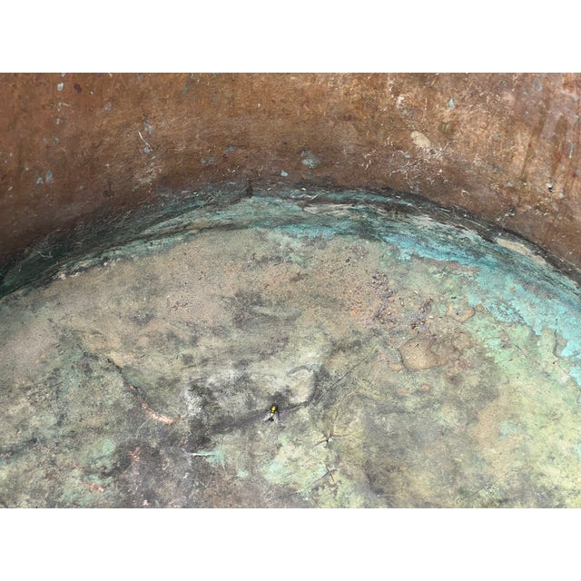 Huge Antique Copper Cauldron: Hand Forged Firewood Bucket 19" With Hand Etched Riveted Handle Green Patina Damage For Sale - Image 14 of 14