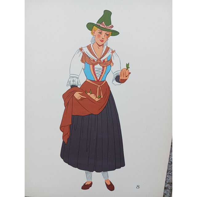 Art Deco Vintage Austrian Female Folk Costumes Chromolithographs Porchoir Prints Collectible 1939 - Set of 3 For Sale - Image 3 of 4
