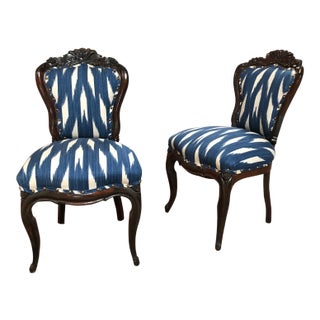 Antique 19th C. Magesy Abercorn Rococo Ikat Upholstered Side Chairs - a Pair For Sale
