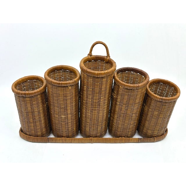 Mid-Century Modern Vintage Rattan Woven Condiment/ Utensil Holder Caddy For Sale - Image 3 of 7