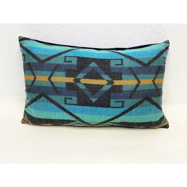 Rustic Pair of Large Bolster Pillows With a Modern Southwestern Geometric Pattern in Blue, Purple & Black - Made in Uk For Sale - Image 3 of 5