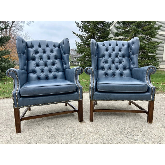 Elegant Mid-Century Chesterfield Wingback Chairs – Tufted Navy Faux Leather with Nailhead Detailing Enhance your living...