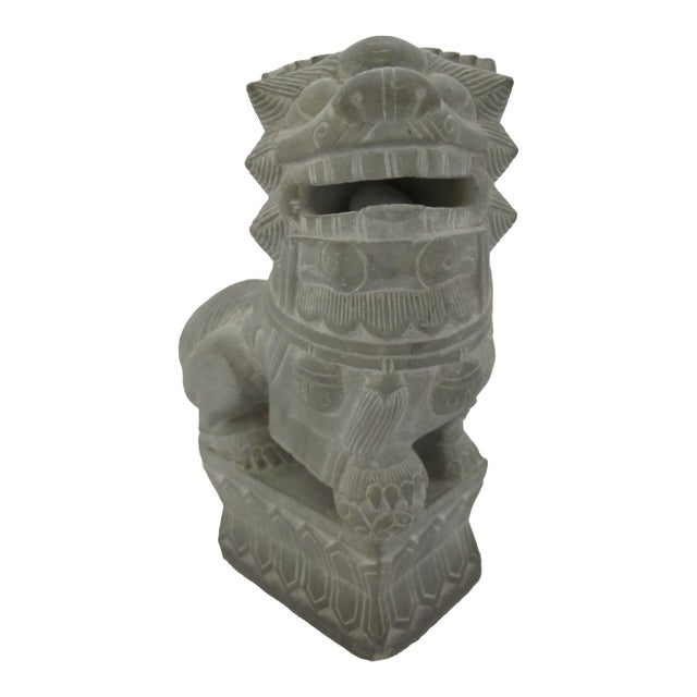 Chinese Carved Stone Foo Dog Guardian Lion With Rattling Ball Statue For Sale