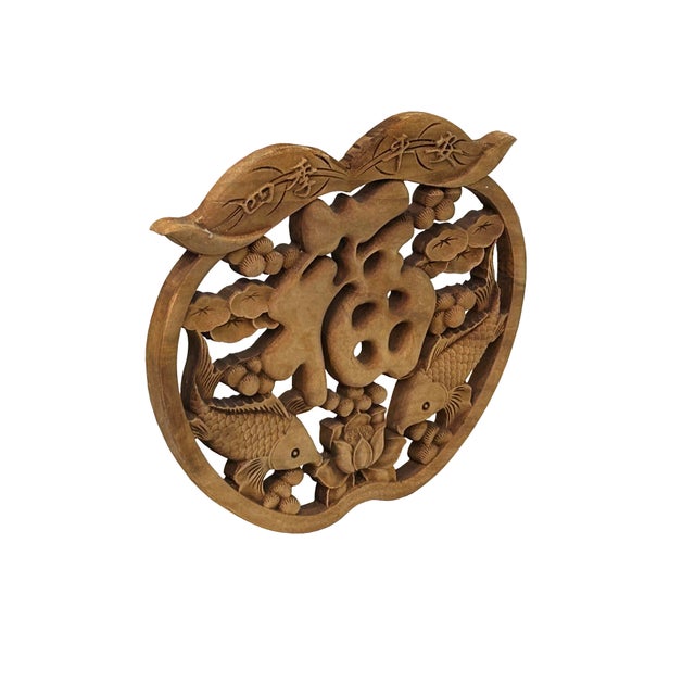 Chinese Small Apple Shape Fok Koi Motif Wood Wall Panel Plaque Art For Sale - Image 3 of 7