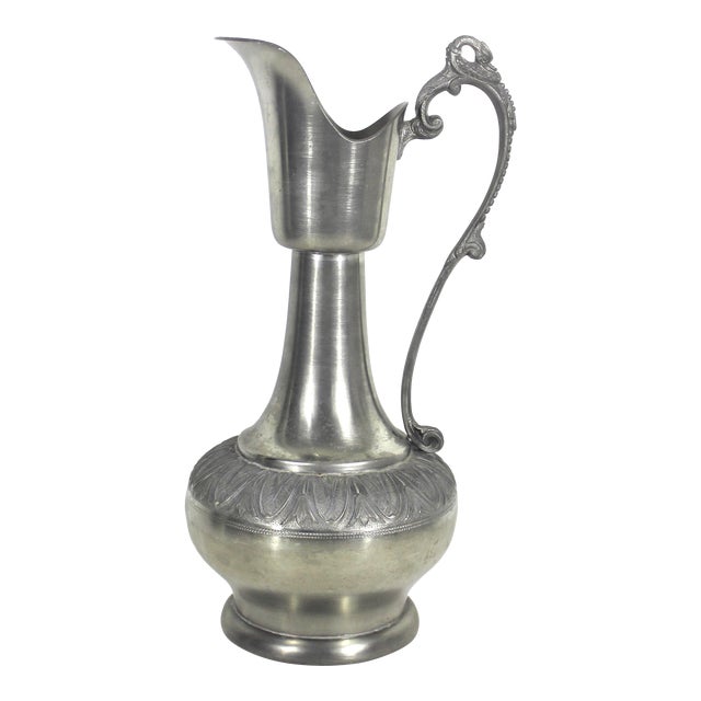 Vintage Real Pewter Pitcher Ornate Swan Handle Vase For Sale