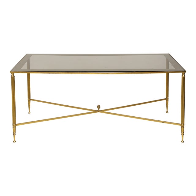 Rectangular Brass Coffee/Cocktail Table With Smoked Glass on Stretcher Base For Sale