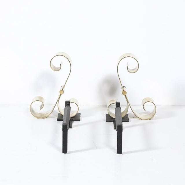 Mid-Century Modernist Scroll Form Andirons in Polished Brass For Sale - Image 4 of 10