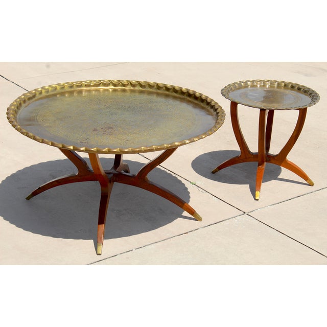 Vintage Moroccan Hand-Engraved Brass Tray Coffee & Side Table Set, 1960s For Sale - Image 4 of 18