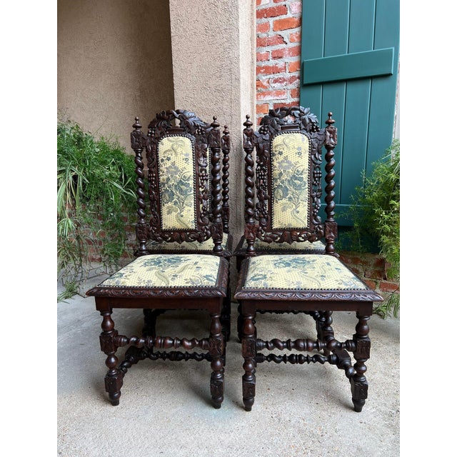 Set 4 Antique French Dining Chairs Barley Twist Renaissance Carved Oak Green 1900 For Sale In Dallas - Image 6 of 18