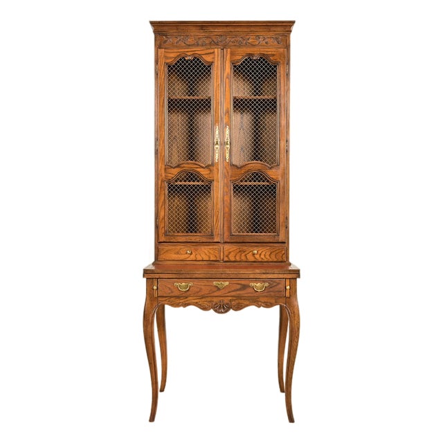 Baker Furniture French Provincial Louis XV Carved Oak Secretary Desk With Bookcase Hutch, Circa 1960s For Sale