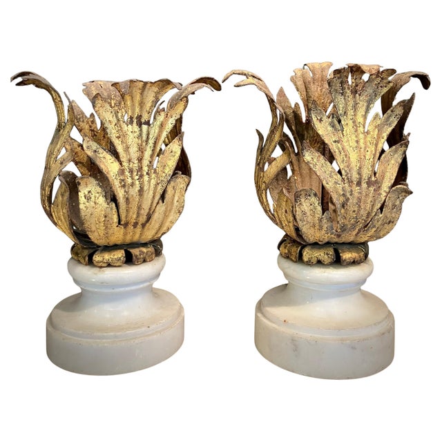 Italian Renaissance Gilded Iron Candleholders on Carrara Marble Sockles, Set of 2 For Sale - Image 11 of 11