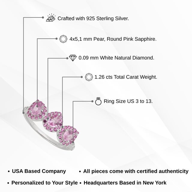 Carat&Her Lotus Three Stone Pink Sapphire Halo Ring in Sterling Silver - Birthday Gift, Size 7 For Sale - Image 11 of 13