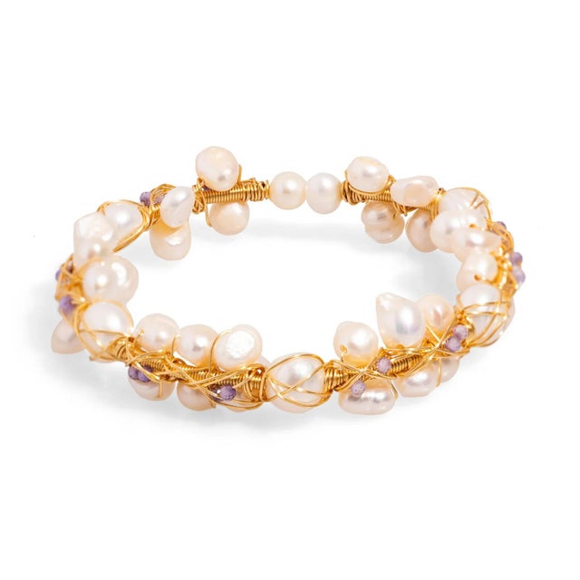 Metal Pearl Beads & Gold Elegant Wedding Cuff Bracelet For Sale - Image 7 of 7