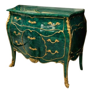 French Louis XV Bottle Green Bombe Commode With Gold Leaf Details & Bronze Ormolu For Sale