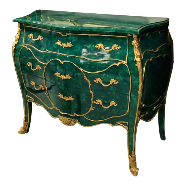 French Louis XV Bottle Green Bombe Commode With Gold Leaf Details & Bronze Ormolu For Sale