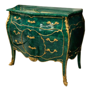 French Louis XV Bottle Green Bombe Commode With Gold Leaf Details & Bronze Ormolu