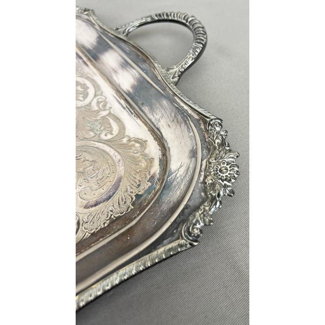 Vintage English Ornate Engraved Metal Twin Handle Tray For Sale - Image 15 of 18