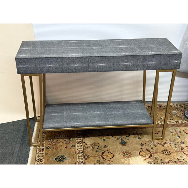 Currey & Company Faux Shagreen + Brass Console Table For Sale - Image 9 of 12