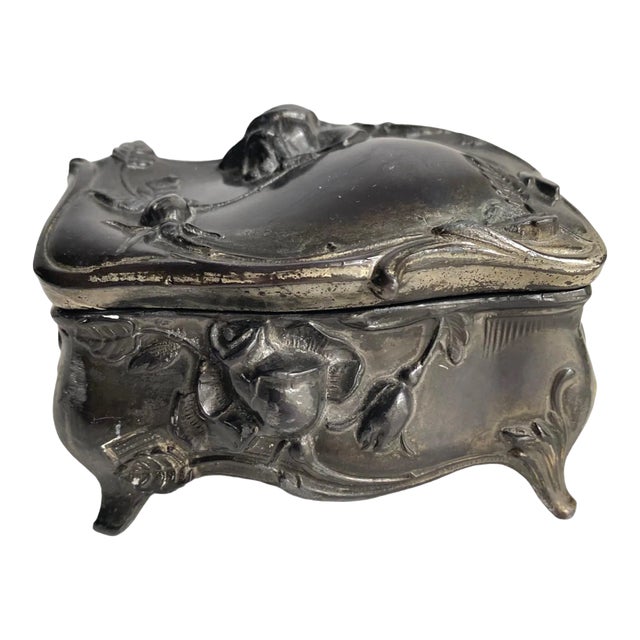 Art Nouveau Style Petite Jewelry Box Silver Plated Rose Motif For Sale