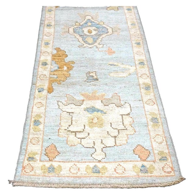 Sky Blue 21st Century Turkish Oushak Wool 2x10 Light Blue, Gray & Ivory, Handmade Runner Rug #1144115 For Sale - Image 8 of 11