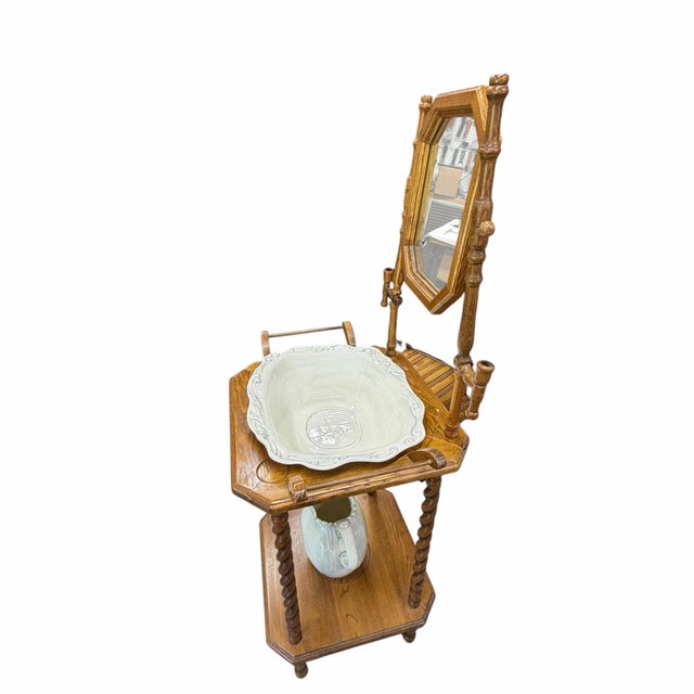 Farmhouse Vintage English Country Cottage Style Oak Barley Twist Washstand For Sale - Image 3 of 5