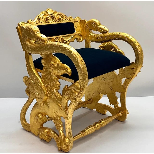 Blue Antique Federal Style Carved Gilt Swan and Eagle Carousel Mohair Bench For Sale - Image 8 of 12