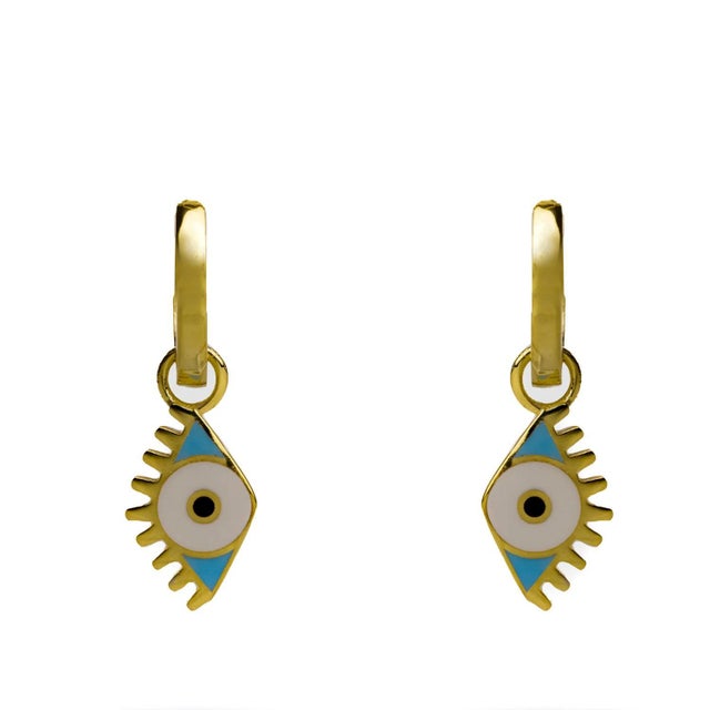 Gold Vermeil Hoop & Blue Enamel Protection Evil Eye Dangle Earrings, A Pair For Sale In Miami - Image 6 of 6