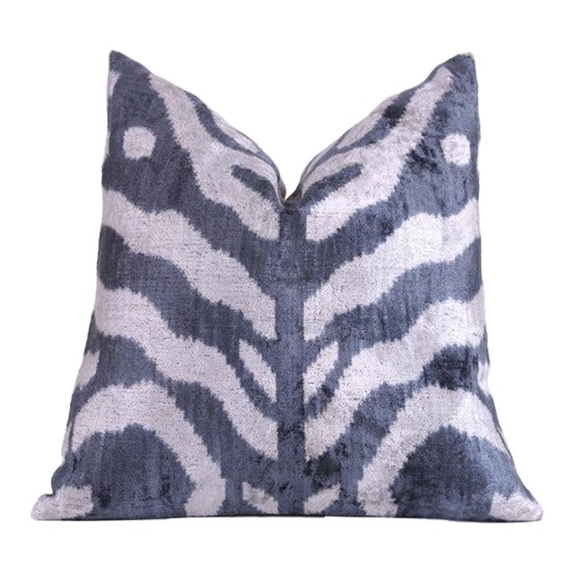 Gray Cream Ikat Silk Velvet Pillow – 16x16 Handmade Luxury Throw For Sale