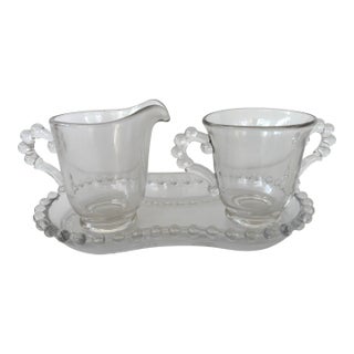 1930s Imperial Glass Candlewick Clear Glass Creamer and Sugar Set With Tray For Sale