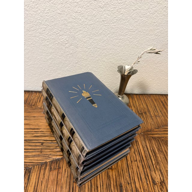 Contemporary Large Vintage Cream & Blue Encyclopedia Hardcover Stack - Set of 6 - Royal Octavo Format - Modern Minimalist / Japandi Vignette For Sale - Image 3 of 9