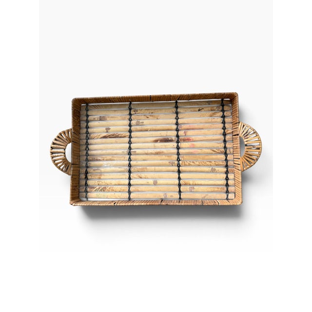 1960s Vintage Bamboo & Rattan Tray With Woven Handles, Mid-Century For Sale - Image 5 of 6
