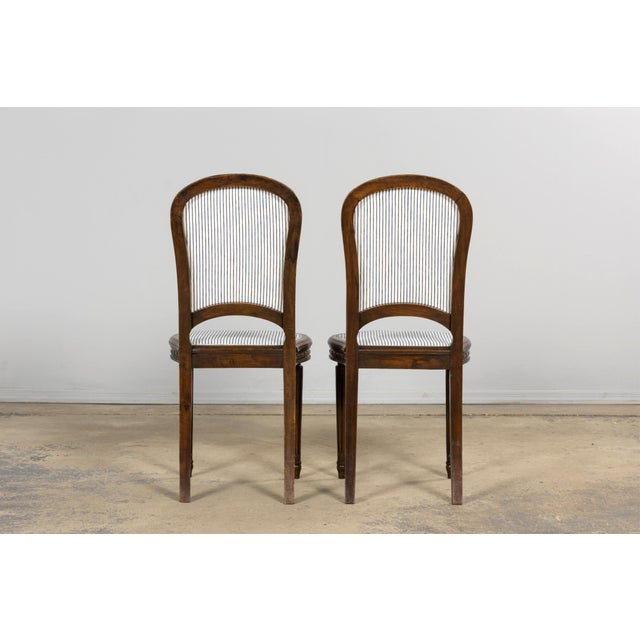 French Louis XVI Style Walnut Dining Chairs, Blue Striped Linen Upholstery – Set of 6 For Sale - Image 18 of 18