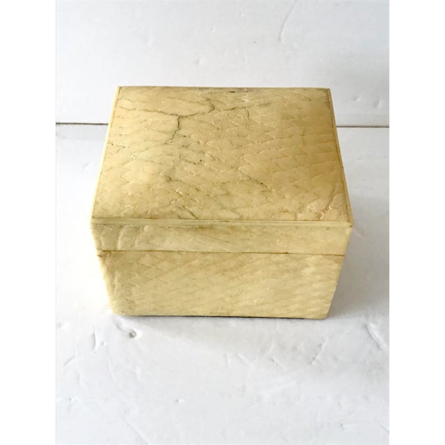 Beautiful snake skin covered box lacquered in a natural bone color. Wonderful vintage condition.