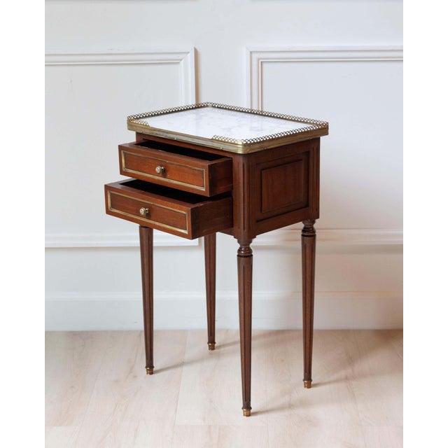 Louis XVI Style Mahogany Side Table with Marble Top and Brass Gallery, 20th Cent For Sale - Image 4 of 10
