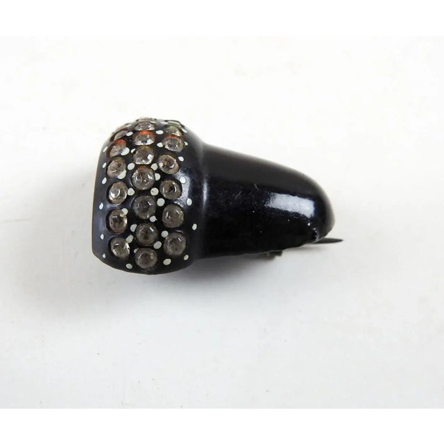 Art Deco Small Vintage Lacquer & Rhinestone Acorn Pin Brooch For Sale - Image 3 of 4