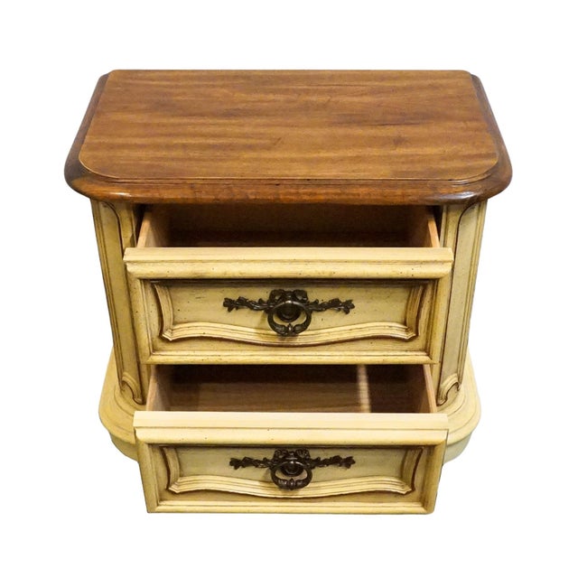 Late 20th Century Stanley Furniture Solid Pecan Antiqued Yellow Cream Painted Mediterranean 27" Two Drawer Nightstand For Sale - Image 5 of 11