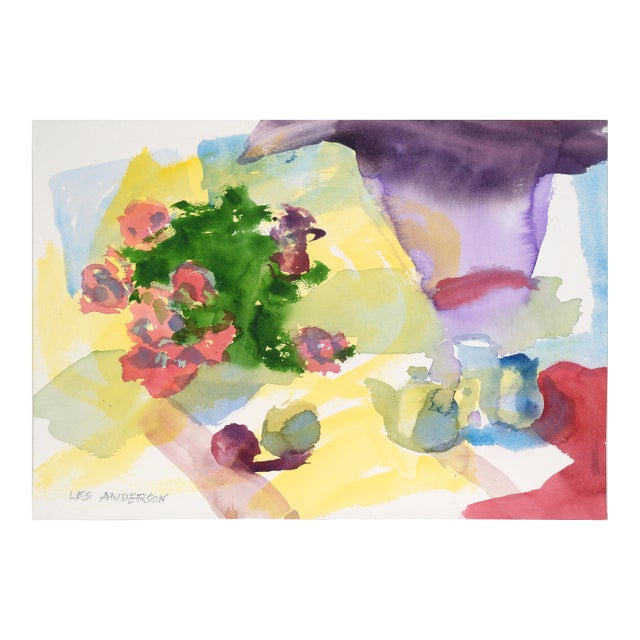Abstract Still Life With Roses and Coffee Set in Watercolor on Paper For Sale
