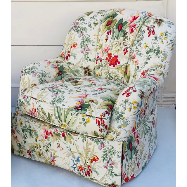 Fabulous set of two swivel armchairs and ottoman set. George Smith style. In gorgeous Schumacher floral linen fabric and...
