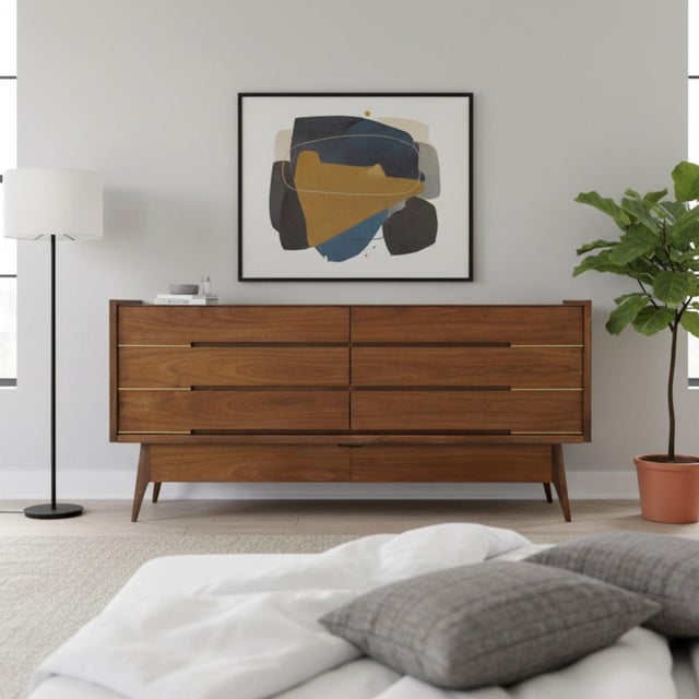 1960s Long Large Mid-Century Modern Walnut Dresser With Brass Accents For Sale - Image 5 of 16