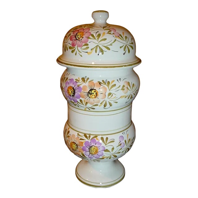 Hand Painted Vintage Porcelain Apothecary Pot From Italy For Sale
