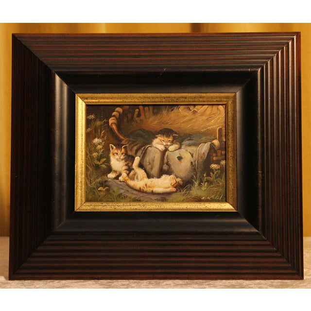 This charming small-format oil painting by the German animal painter Samuel Koch (born 1912) depicts a lively group of...