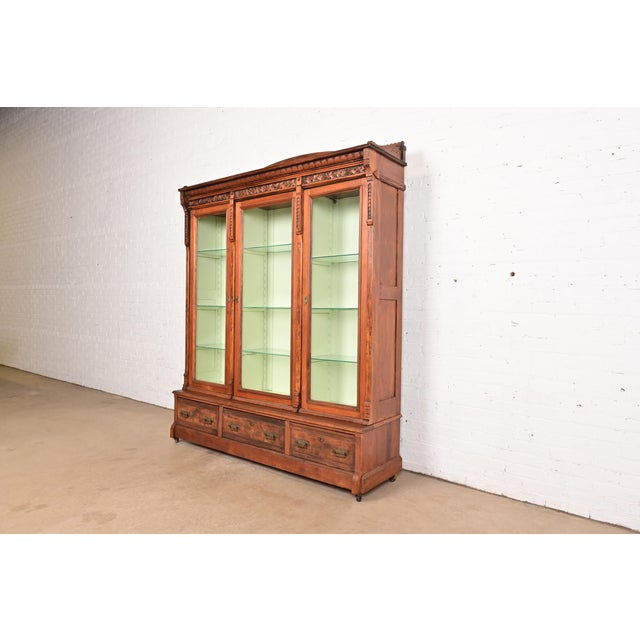 Victorian Herter Brothers Style Antique Eastlake Victorian Carved Walnut Triple Bookcase or Display Cabinet, Circa 1880s For Sale - Image 3 of 12