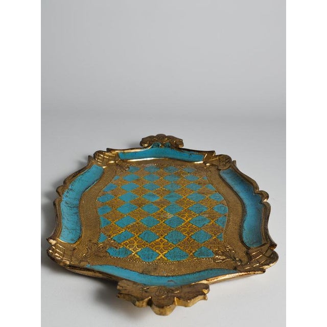 Florentine Neo-Rococo Gilt and Turquoise Tray with Harlequin Pattern, Italy, 1950s For Sale - Image 11 of 18