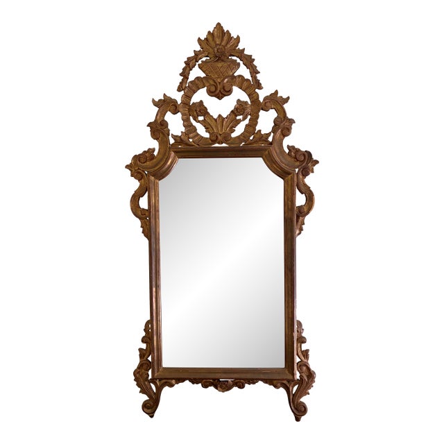 Antique Italian Rococo Giltwood Mirror With Exceptional Carved Crest For Sale