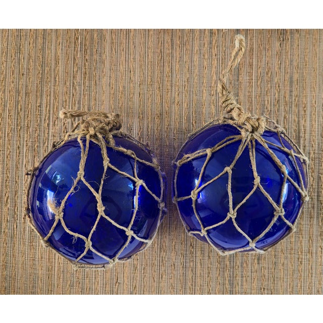 Vintage Pair of Rare 8" Cobalt Blue Hand-Blown Glass Fishing Floats · Original Jute Net For Sale In Mobile - Image 6 of 7