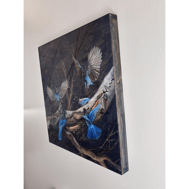 Contemporary Stellar Jays on Birch by Terra Novak | Oil on wood Blue jays perched on a birch branch. For Sale - Image 3 of 5